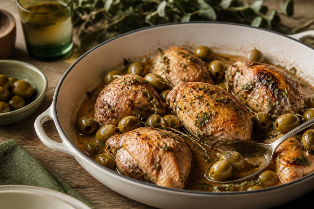 Poulet aux olives vertes mijoté en cocotte, servi avec sa sauce dorée aux herbes et à l'ail