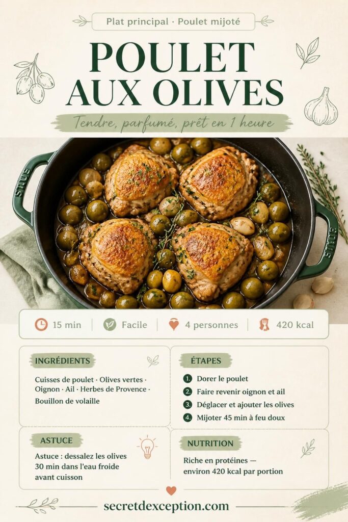 Poulet aux olives vertes mijoté en cocotte — recette facile et parfumée