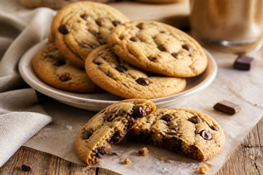 Cookies façon Subway maison dorés et moelleux, avec pépites de chocolat, posés sur une plaque de cuisson
