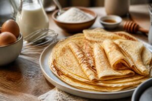 Crêpes traditionnelles dorées empilées sur une assiette blanche, garnies de sucre et d'un filet de jus de citron