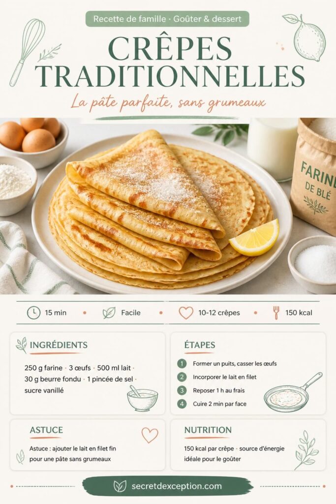 Épingle Pinterest — Recette de crêpes traditionnelles dorées, pâte sans grumeaux sur secretdexception.com
