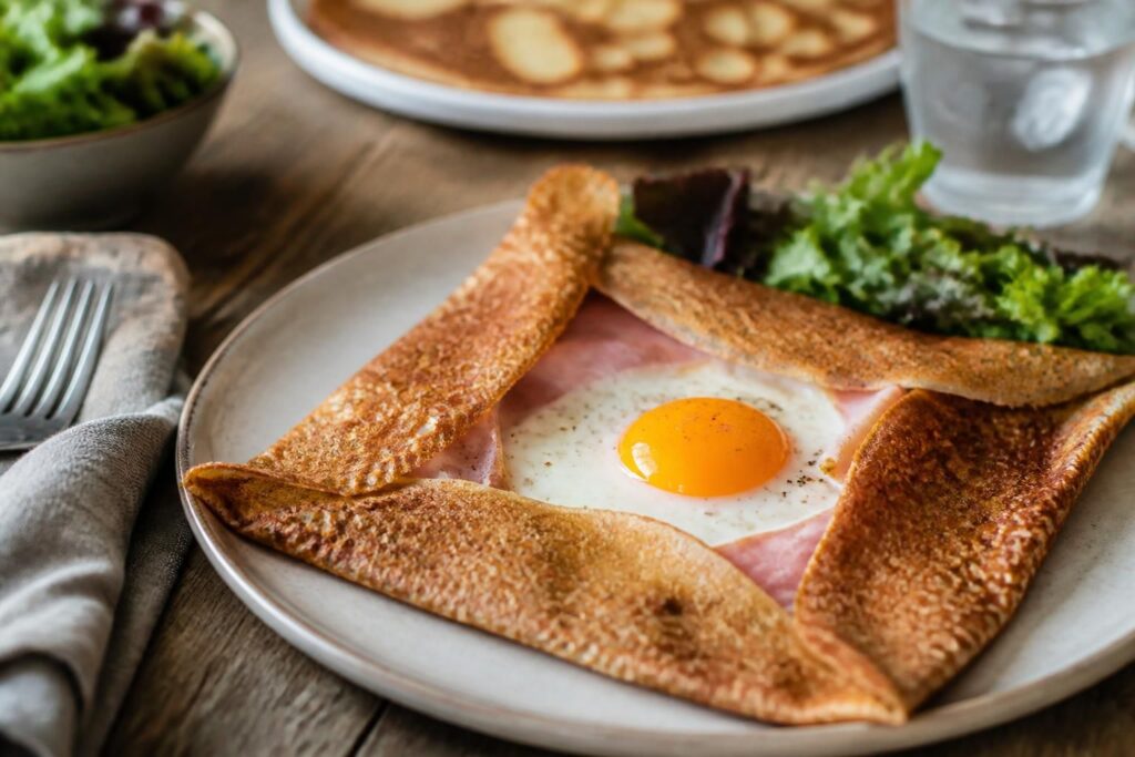 Assiette de crêpes salées maison garnies de jambon, fromage fondu et champignons, servies sur une table en bois avec une poêle à crêpes