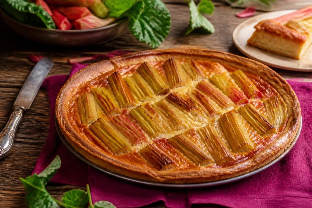 Tarte à la rhubarbe façon grand-mère, pâte brisée dorée et garniture crémeuse, sur fond de bois rustique