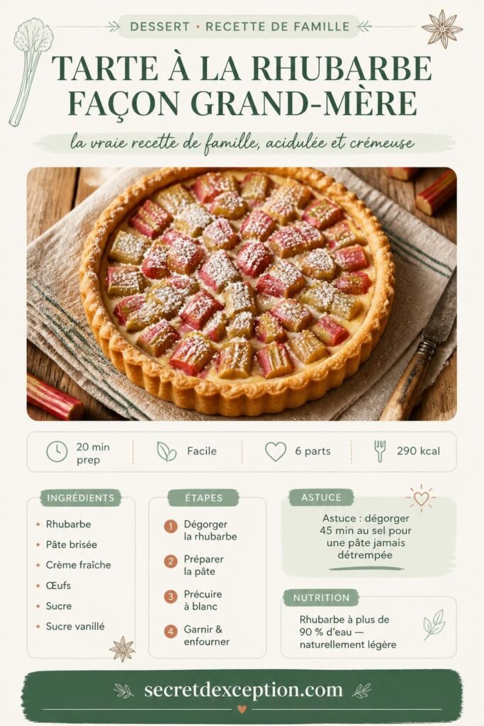 Tarte à la rhubarbe façon grand-mère, pâte brisée dorée et appareil crémeux vanillé