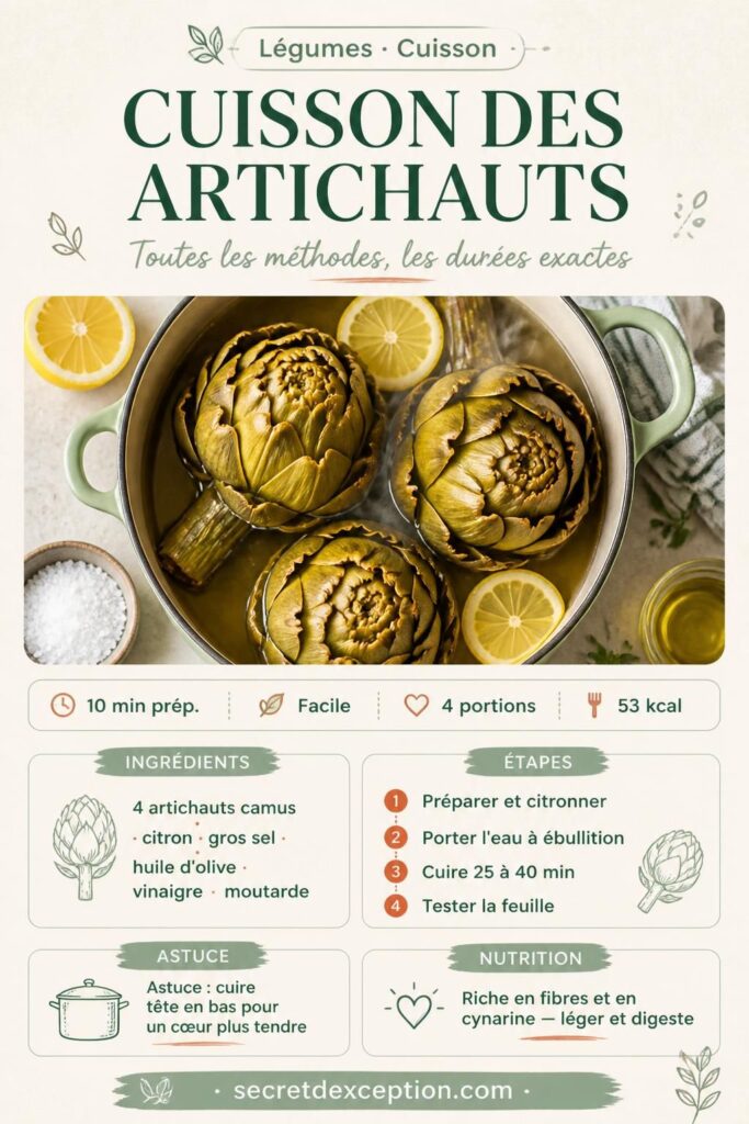 Infographie cuisson des artichauts — toutes les méthodes et durées exactes