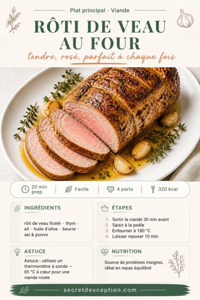 Rôti de veau au four aux herbes, doré et tranché, avec thym et ail