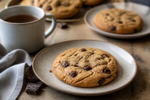 Cookies façon Mie Câline posés sur une grille, cœur fondant visible, pépites de chocolat noir généreuses, fond bois clair
