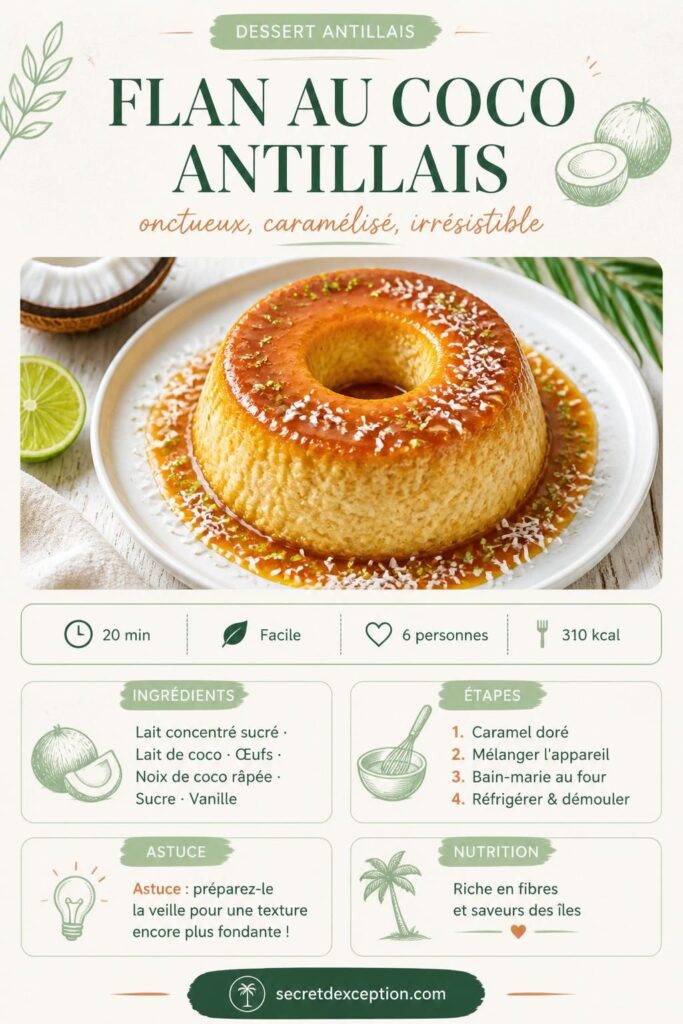 Flan au coco antillais caramélisé démoulé sur assiette blanche, noix de coco râpée et citron vert