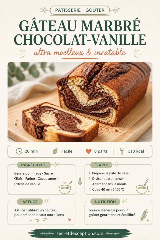 Gâteau marbré chocolat-vanille tranché, marbrage bien visible, sur une planche en bois claire