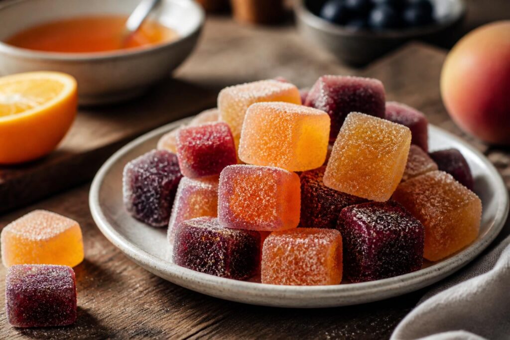 Pâtes de fruits maison aux couleurs vives — framboise, abricot et coing — roulées dans le sucre cristal, présentées sur une planche en bois