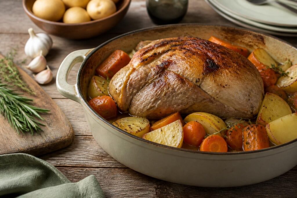 Rouelle de porc fondante mijotée en cocotte en fonte, sauce dorée aux oignons et au vin blanc, thym et laurier, servie sur une assiette rustique