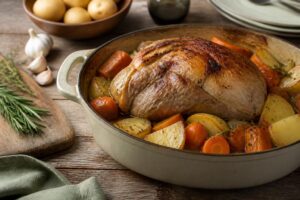Rouelle de porc fondante mijotée en cocotte en fonte, sauce dorée aux oignons et au vin blanc, thym et laurier, servie sur une assiette rustique