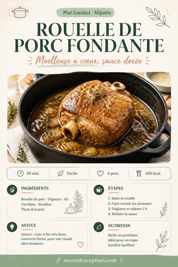Rouelle de porc fondante mijotée en cocotte en fonte, sauce dorée au vin blanc, thym et laurier