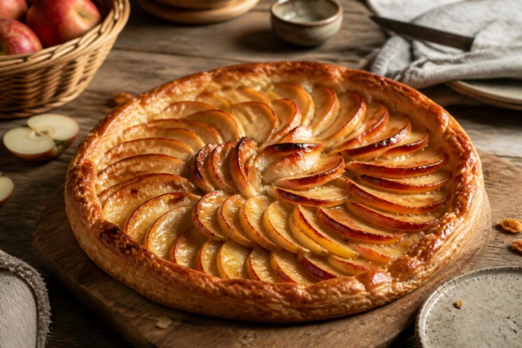 Tarte fine aux pommes sur pâte feuilletée dorée et croustillante, lamelles disposées en rosace, sortie du four