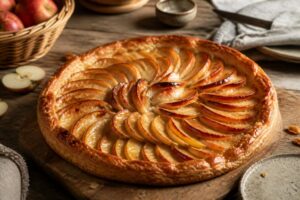 Tarte fine aux pommes sur pâte feuilletée dorée et croustillante, lamelles disposées en rosace, sortie du four
