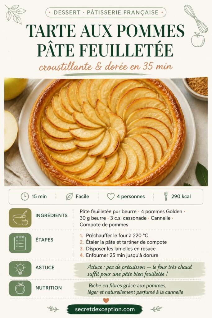 Tarte fine aux pommes sur pâte feuilletée dorée, lamelles en rosace, recette facile