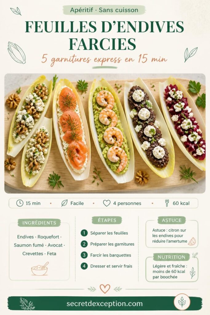 Feuilles d'endives farcies pour l'apéritif : 5 garnitures colorées sur plateau en bois