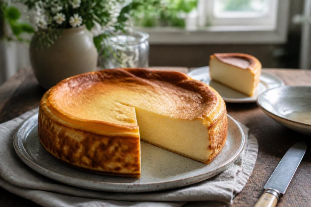 Gâteau au fromage blanc moelleux et doré, démoulé sur une assiette blanche, avec une tranche coupée révélant une texture aérienne