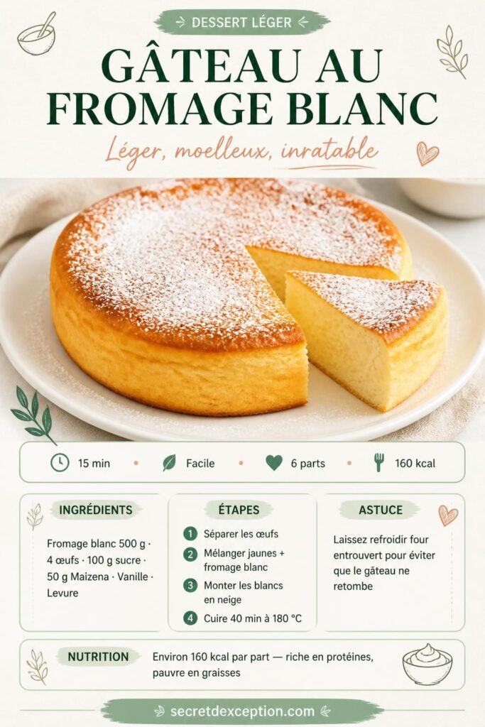 Gâteau au fromage blanc moelleux et doré sur assiette, tranche coupée révélant une texture aérienne