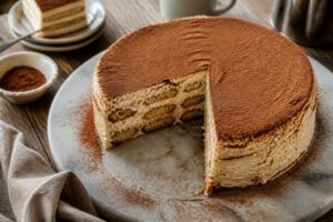 Gâteau moelleux au mascarpone tranché sur une assiette en céramique blanche, croûte dorée et mie fondante bien visible