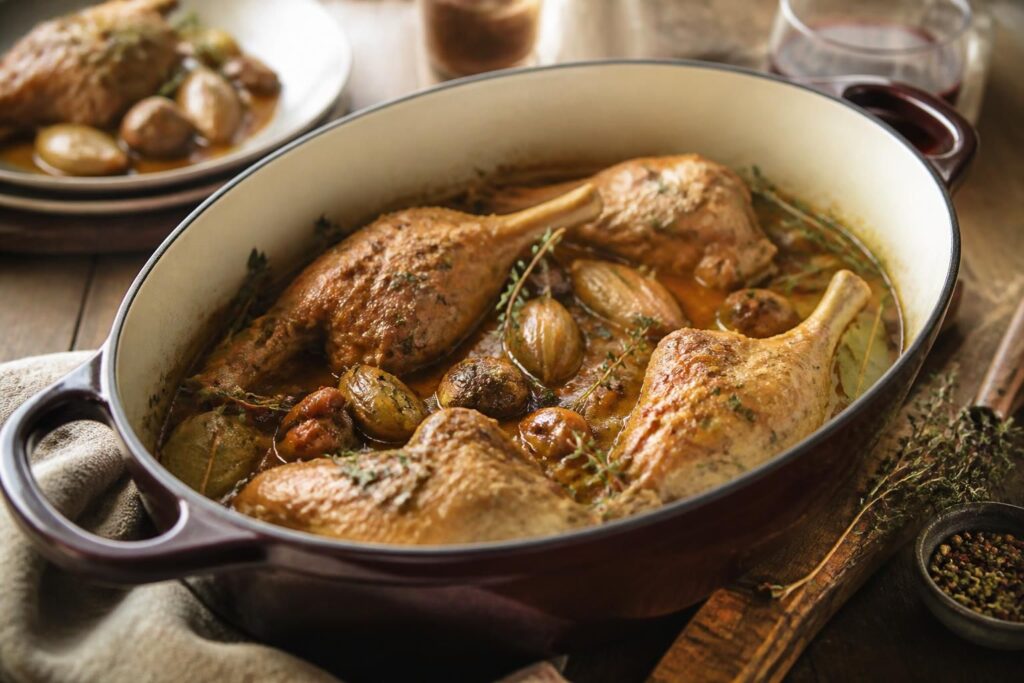 Lapin en cocotte à la grand-mère mijoté avec lardons, oignons, vin blanc et bouquet garni, servi dans une cocotte en fonte sur une table en bois rustique