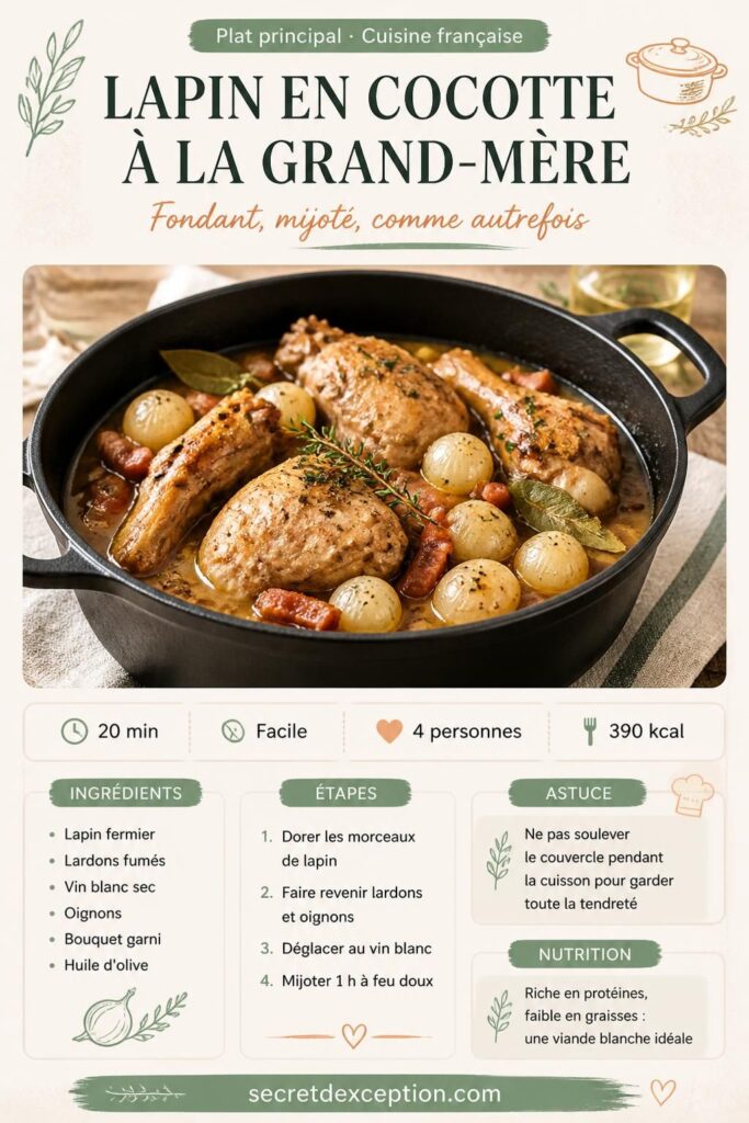 Lapin en cocotte à la grand-mère mijoté au vin blanc dans une cocotte en fonte, vue de dessus