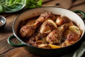 Pilons de poulet au four dorés et croustillants sur une plaque de cuisson, servis avec des herbes fraîches et du citron