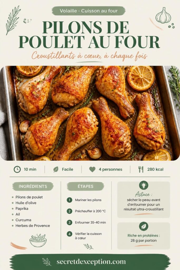 Pilons de poulet au four croustillants, temps de cuisson et astuces sur secretdexception.com