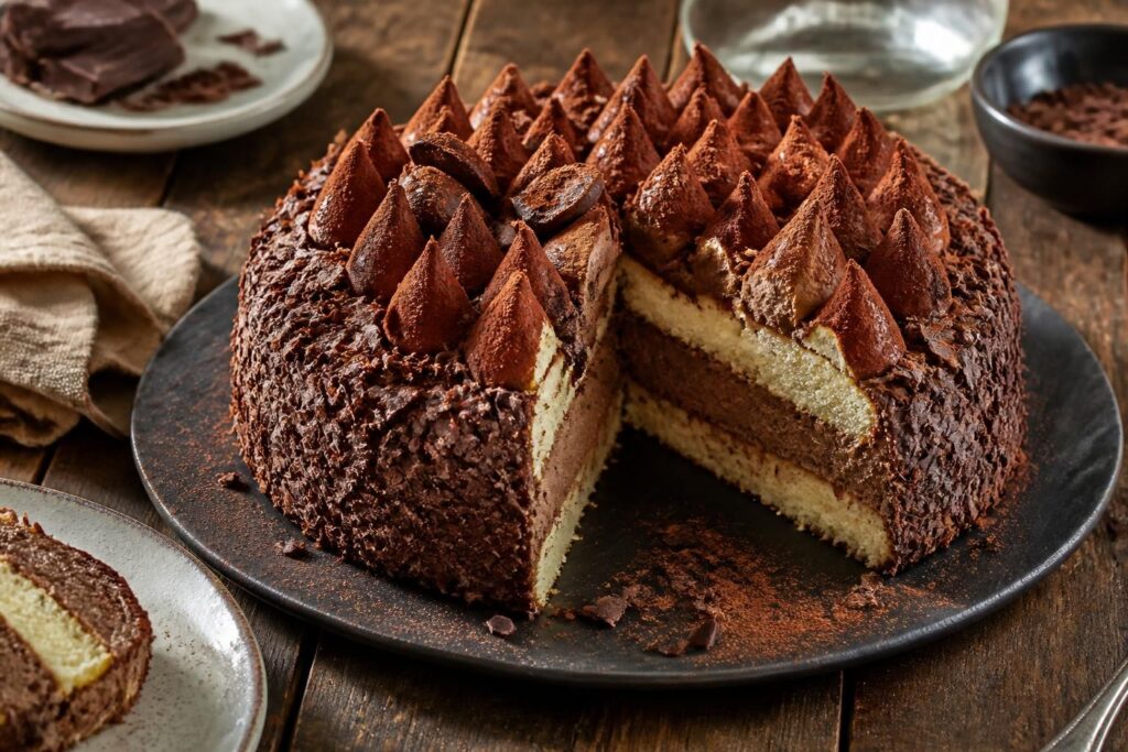 Tête au chocolat maison posée sur une assiette blanche : coque de meringue enrobée de chocolat noir brillant, décorée de paillettes de cacao, sur fond de marbre clair.