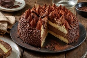 Tête au chocolat maison posée sur une assiette blanche : coque de meringue enrobée de chocolat noir brillant, décorée de paillettes de cacao, sur fond de marbre clair.