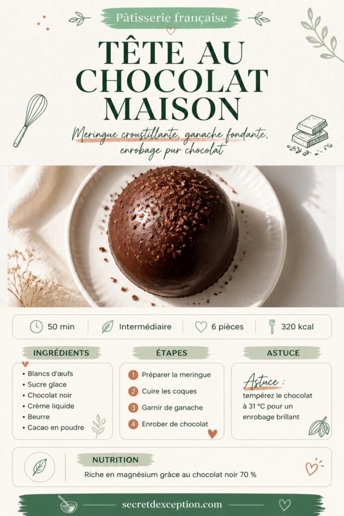 Tête au chocolat maison : meringue enrobée de chocolat noir sur fond beige, recette pâtisserie française