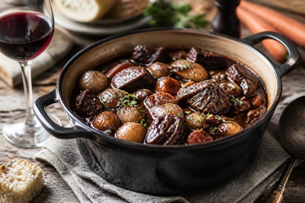 Cocotte en fonte avec un bœuf bourguignon de grand-mère, sauce onctueuse au vin rouge, lardons et carottes, servi avec des pommes de terre vapeur