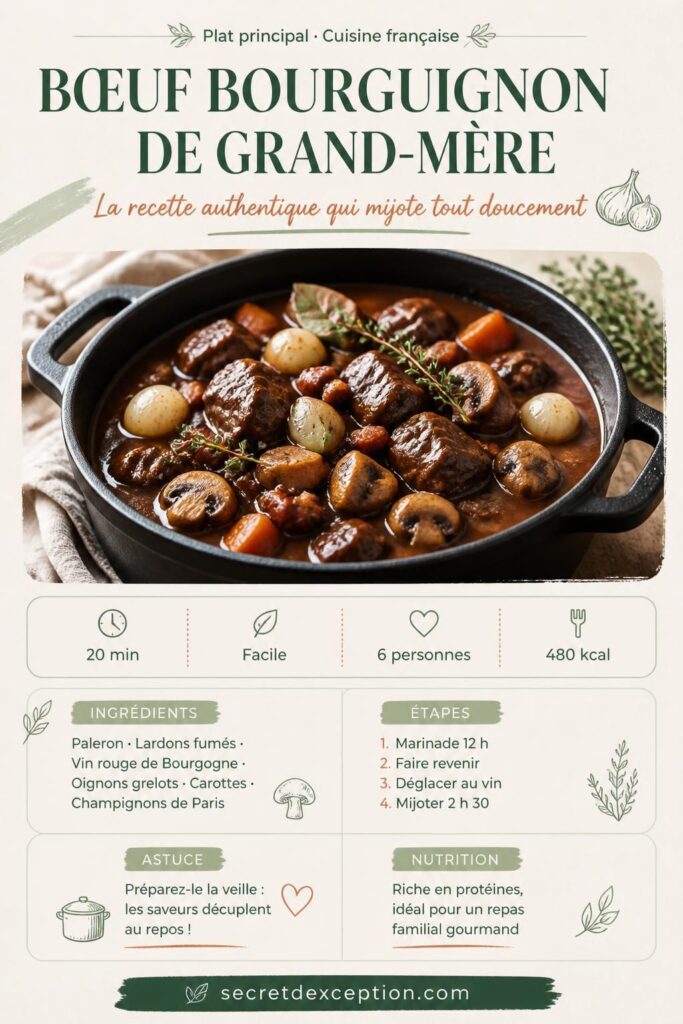 Bœuf bourguignon de grand-mère en cocotte en fonte, sauce au vin rouge, lardons et oignons grelots