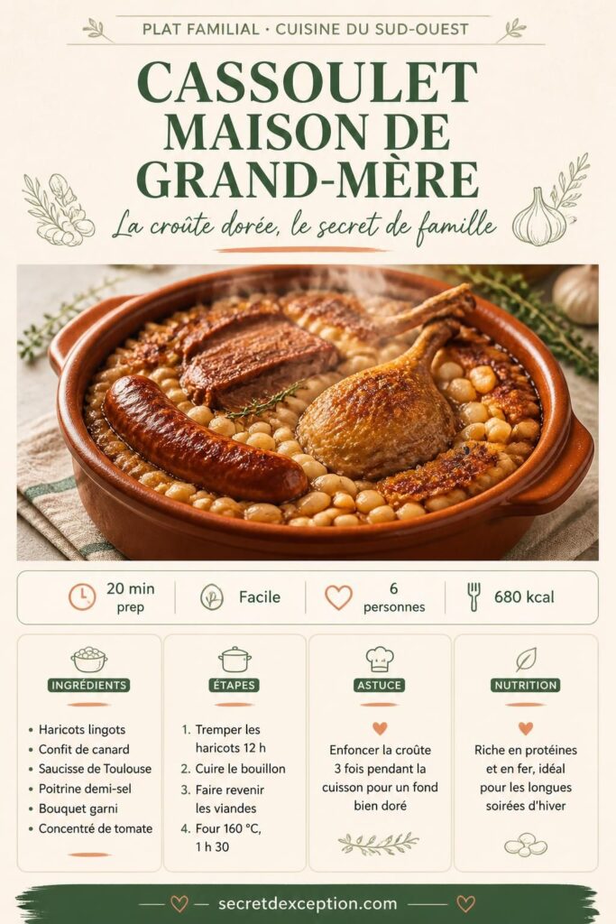 Cassoulet maison de grand-mère dans une cassole en terre cuite, croûte dorée, saucisse de Toulouse et haricots lingots