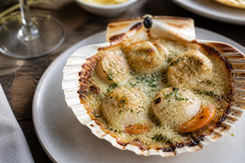 Coquilles Saint-Jacques traditionnelles gratinées sur une plaque, sauce crémée aux échalotes et chapelure dorée, prêtes à servir