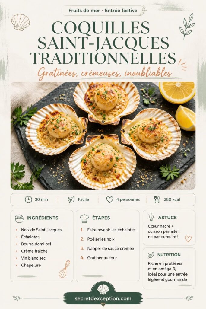 Coquilles Saint-Jacques traditionnelles gratinées, sauce crémée aux échalotes, chapelure dorée
