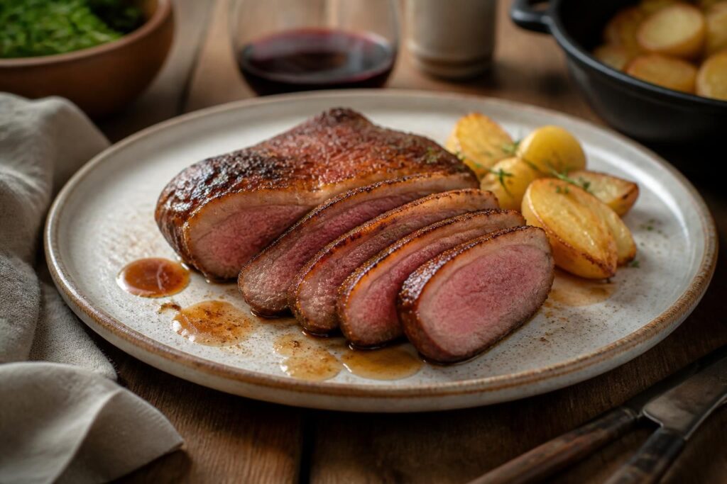 Magret de canard à la poêle, peau dorée et croustillante, tranché sur planche en bois avec jus de cuisson