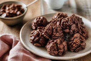 Roses des sables au chocolat noir, dressées sur papier sulfurisé, avec des corn flakes bien enrobés et un aspect croustillant et brillant