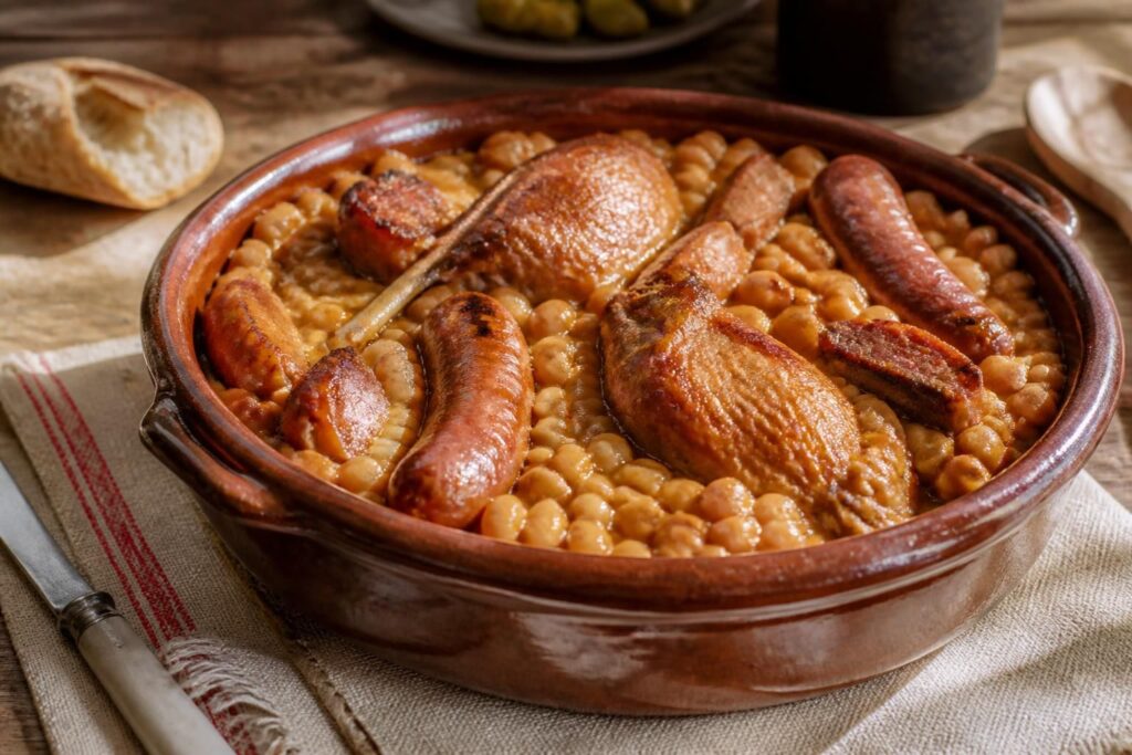 Cassoulet toulousain traditionnel dans une cassole en terre cuite, avec confit de canard, saucisse de Toulouse et croûte dorée gratinée