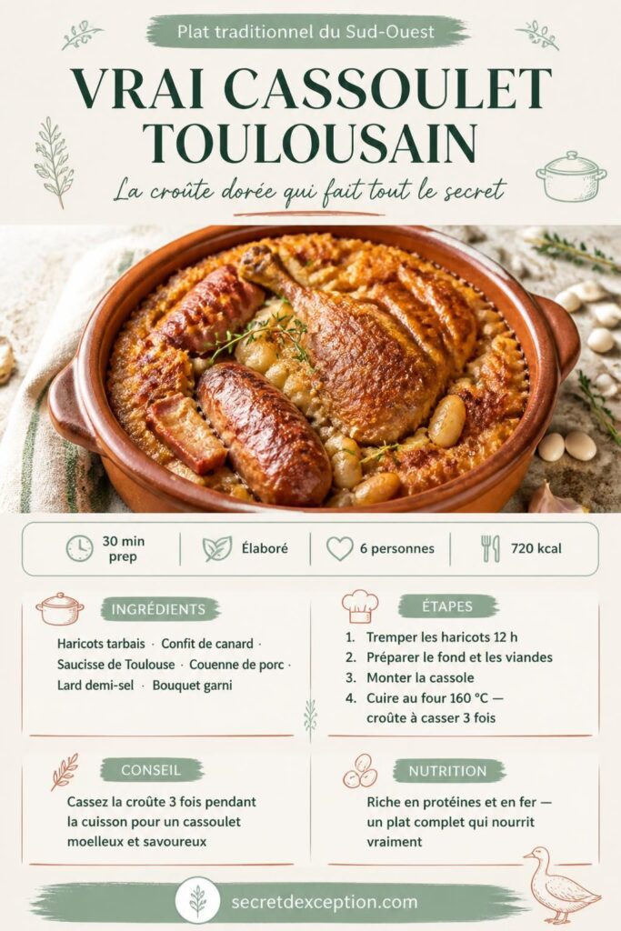 Cassoulet toulousain traditionnel dans une cassole en terre cuite — recette du vrai cassoulet avec haricots tarbais et confit de canard