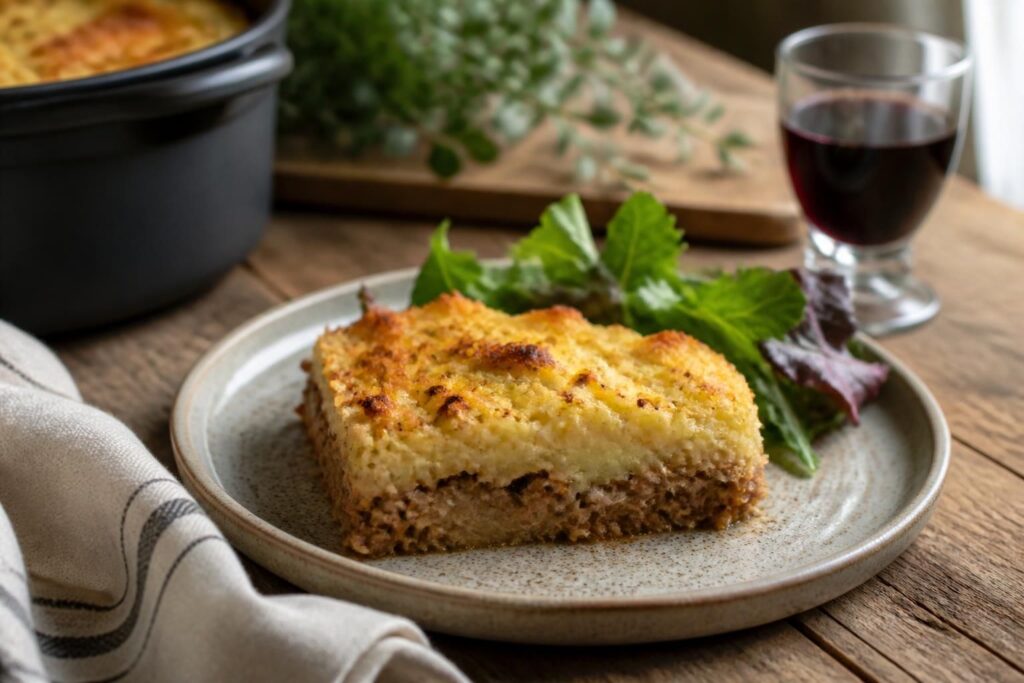 Parmentier de canard gastronomique gratiné au four dans un plat en fonte, avec une purée onctueuse dorée et du persil frais sur le dessus