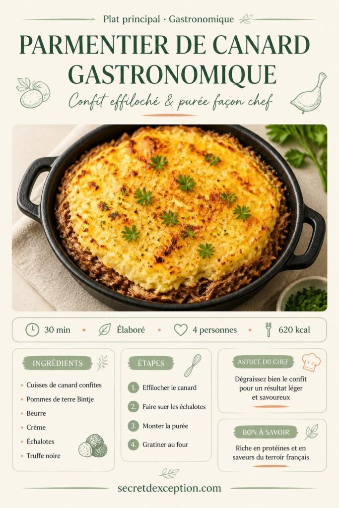Parmentier de canard gastronomique gratiné, purée nacrée et canard effiloché, plat de fête maison