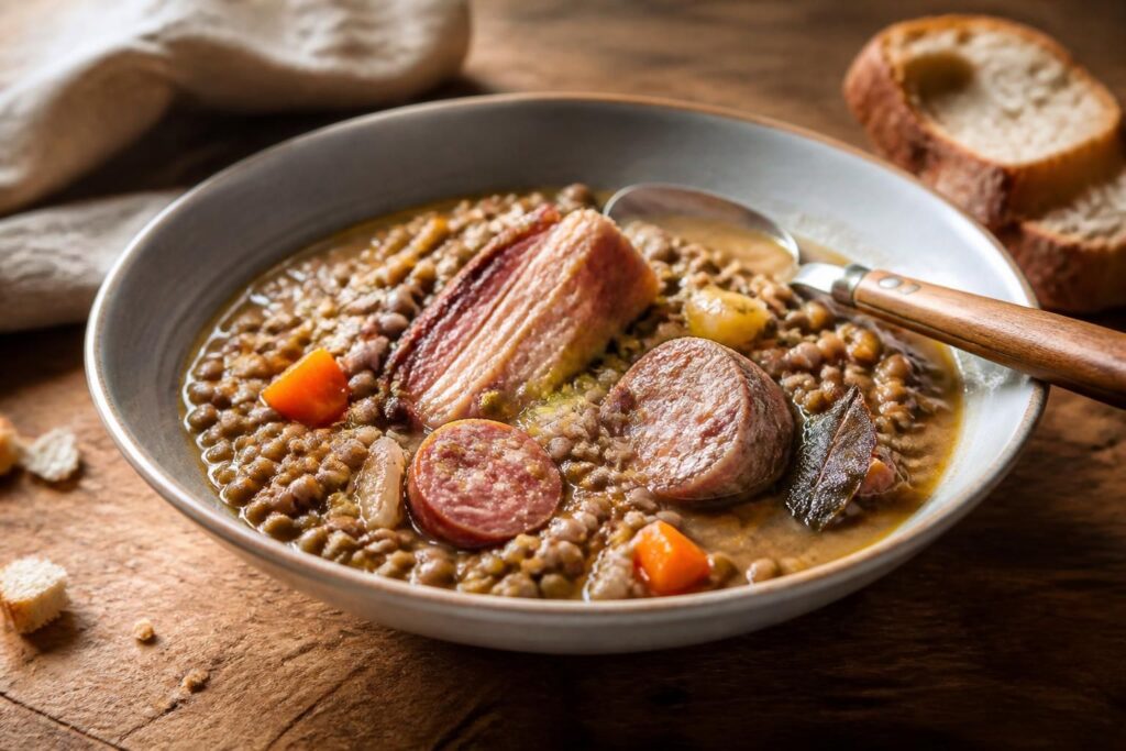 Petit salé aux lentilles vertes du Puy avec palette demi-sel et saucisses de Montbéliard, servi dans une cocotte en fonte sur une table en bois rustique