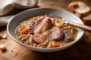 Petit salé aux lentilles vertes du Puy avec palette demi-sel et saucisses de Montbéliard, servi dans une cocotte en fonte sur une table en bois rustique