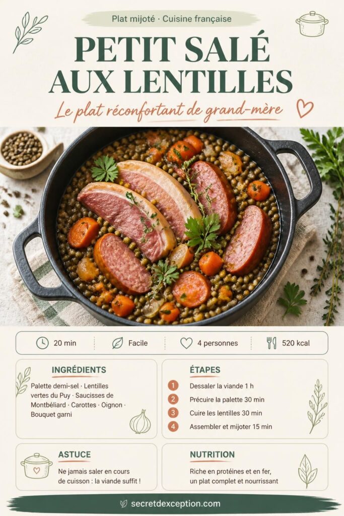 Petit salé aux lentilles vertes du Puy avec palette demi-sel et saucisses de Montbéliard dans une cocotte en fonte