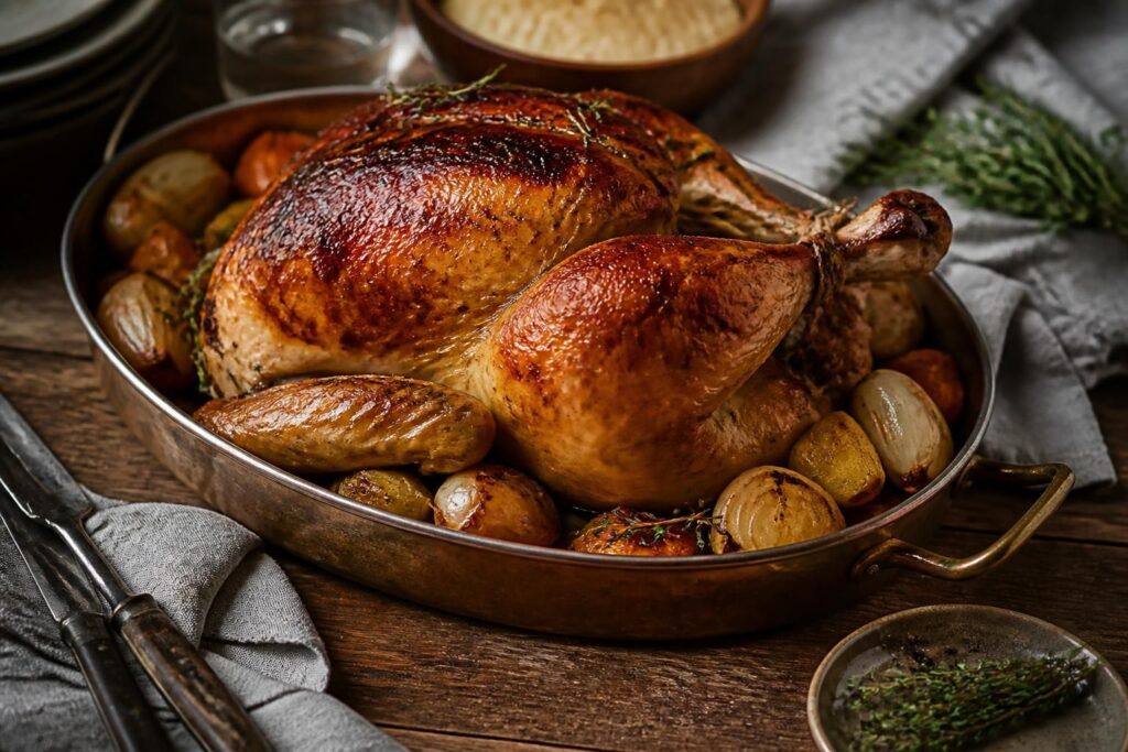 Chapon entier rôti au four à chaleur tournante, peau dorée et croustillante, servi dans un plat à rôtir avec des herbes aromatiques