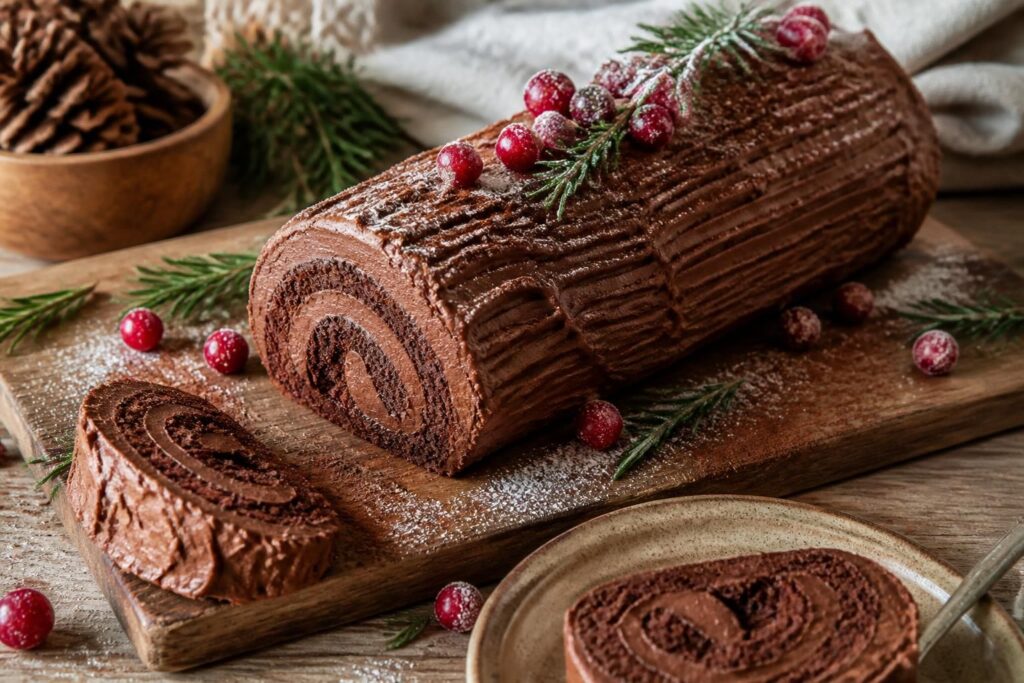 Gâteau de Noël moelleux aux épices, décoré de sucre glace et de petites étoiles en pâte, sur une table de fête