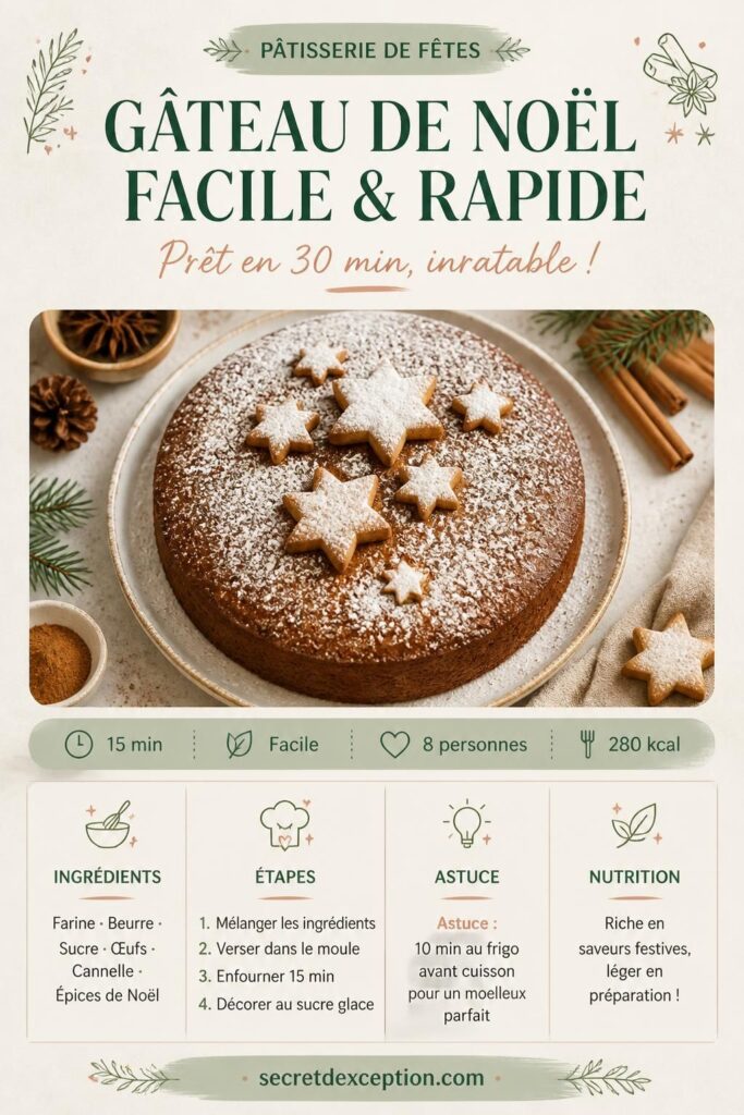 Gâteau de Noël moelleux aux épices et sucre glace, recette facile et rapide pour les fêtes
