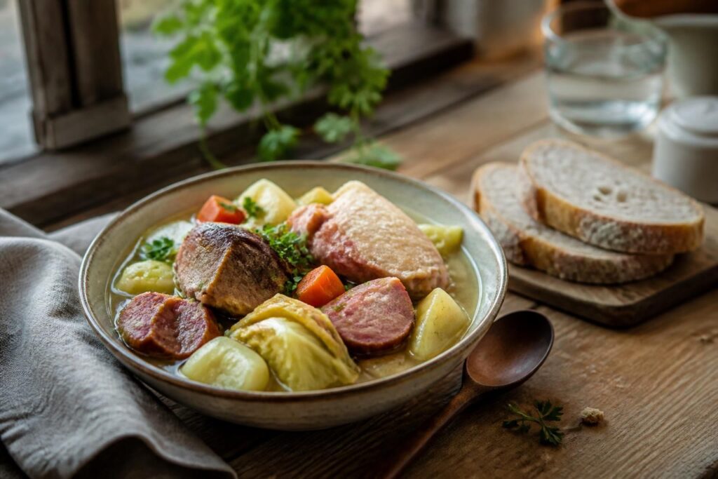 Potée au chou vert frisé avec saucisse de Morteau, carottes et pommes de terre servie dans une cocotte en fonte sur une table en bois rustique