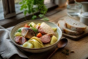 Potée au chou vert frisé avec saucisse de Morteau, carottes et pommes de terre servie dans une cocotte en fonte sur une table en bois rustique